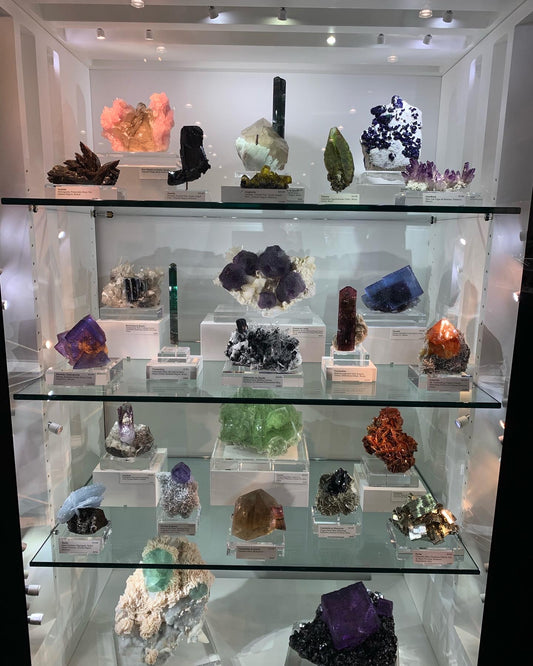 Glass display case showing a variety of high quality minerals and crystals at the Tucson Gem and Mineral Show.