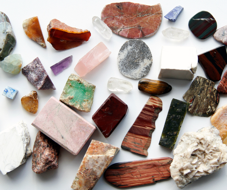 Collection of crystals and minerals, quartz, geodes, calcite, polished tumbles and stones, fluorite.