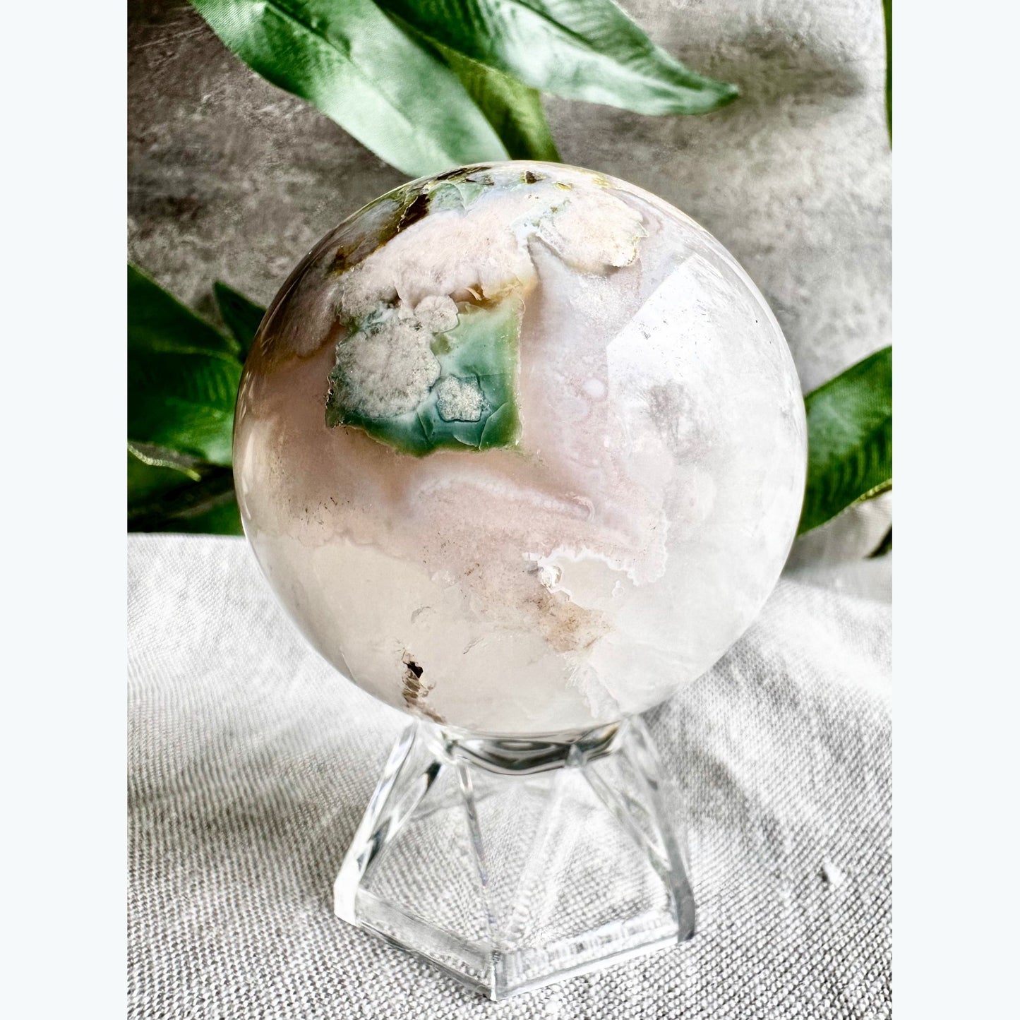 Flower Agate and Polished Quartz Sphere