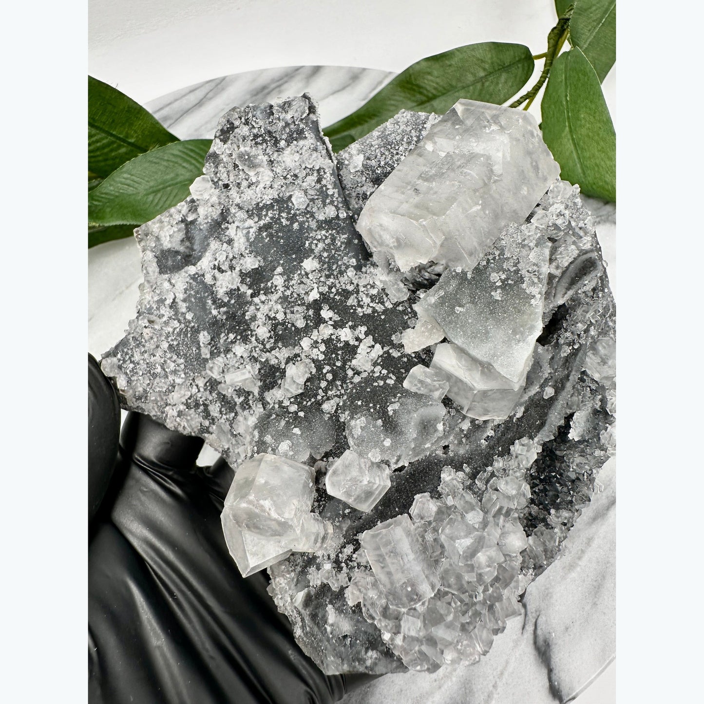 Black Chalcedony with Large Hexagonal Calcite Crystal