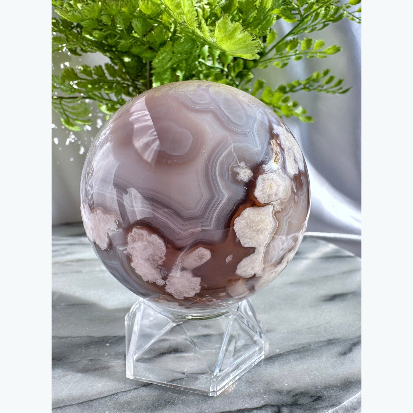 Large Flower Agate Crystal Sphere with Druzy Pocket