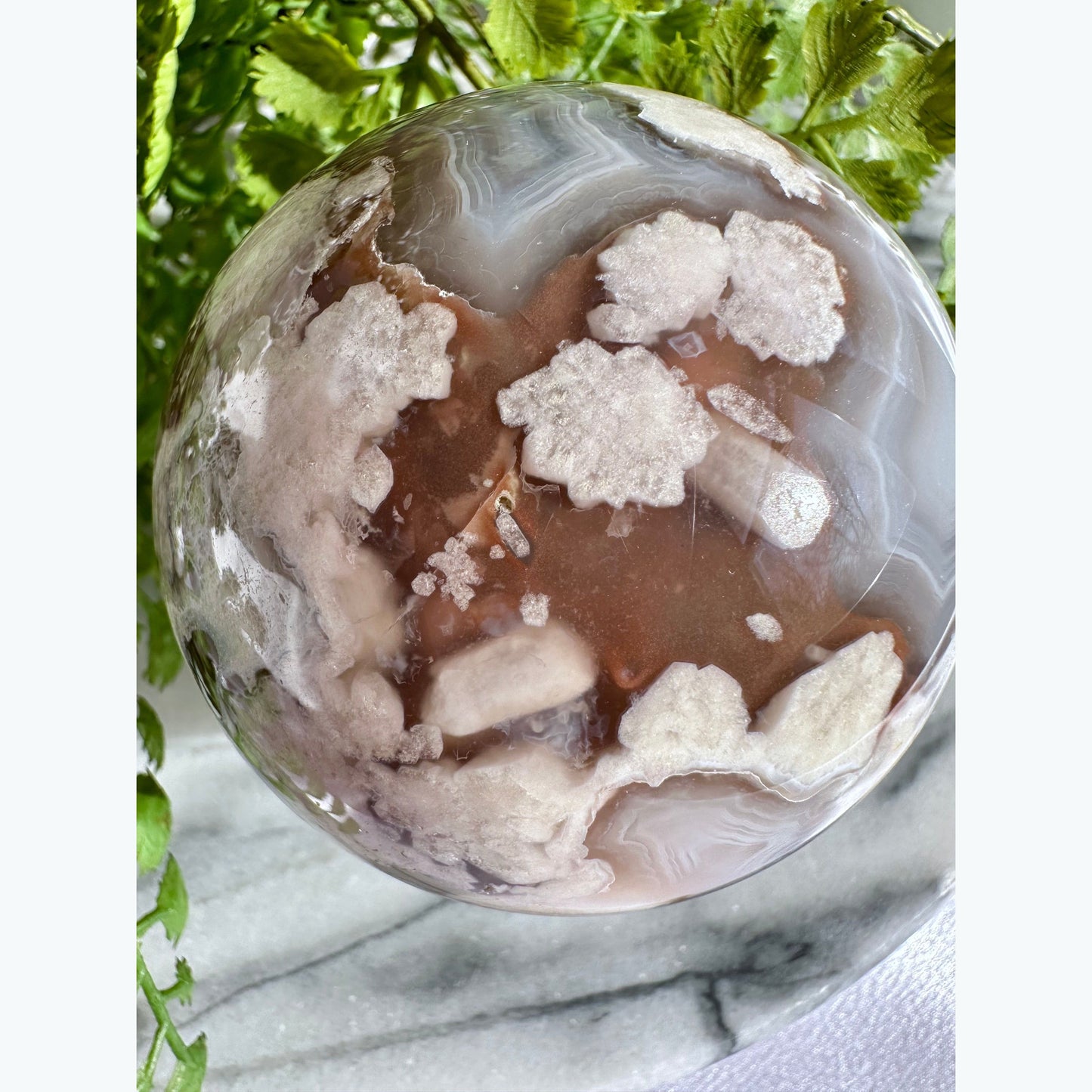 Large Flower Agate Crystal Sphere with Druzy Pocket