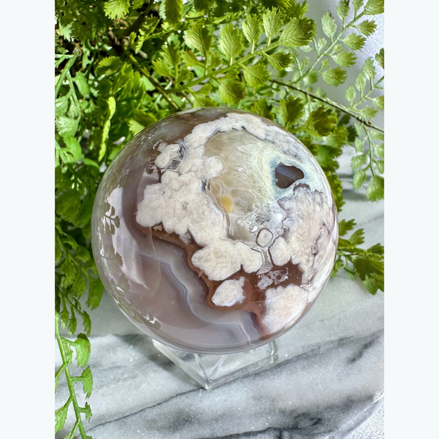 Large Flower Agate Crystal Sphere with Druzy Pocket