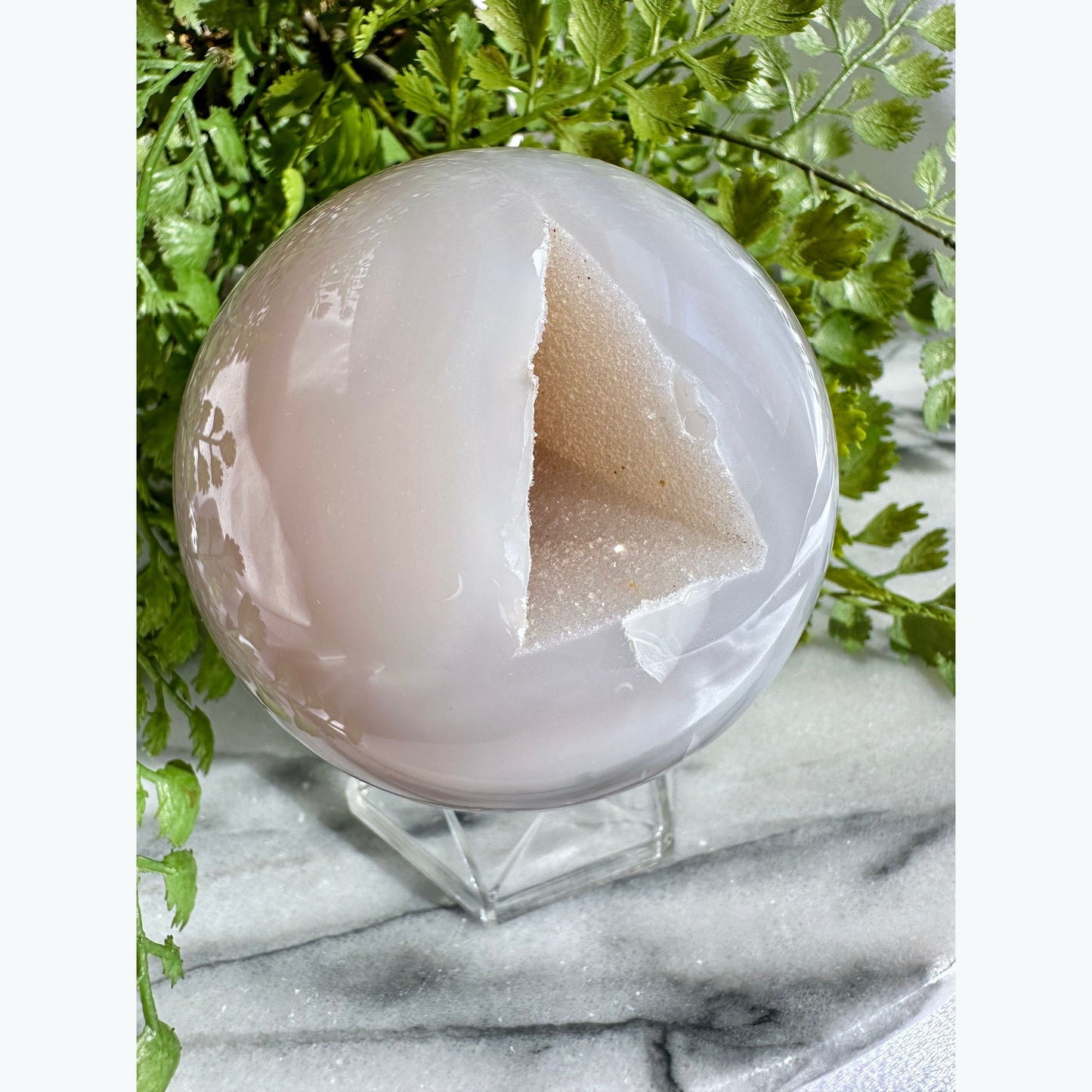 Large Flower Agate Crystal Sphere with Druzy Pocket