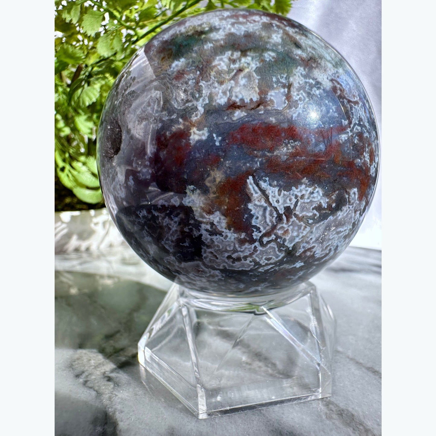 Moss Agate Sphere with Druzy Pockets