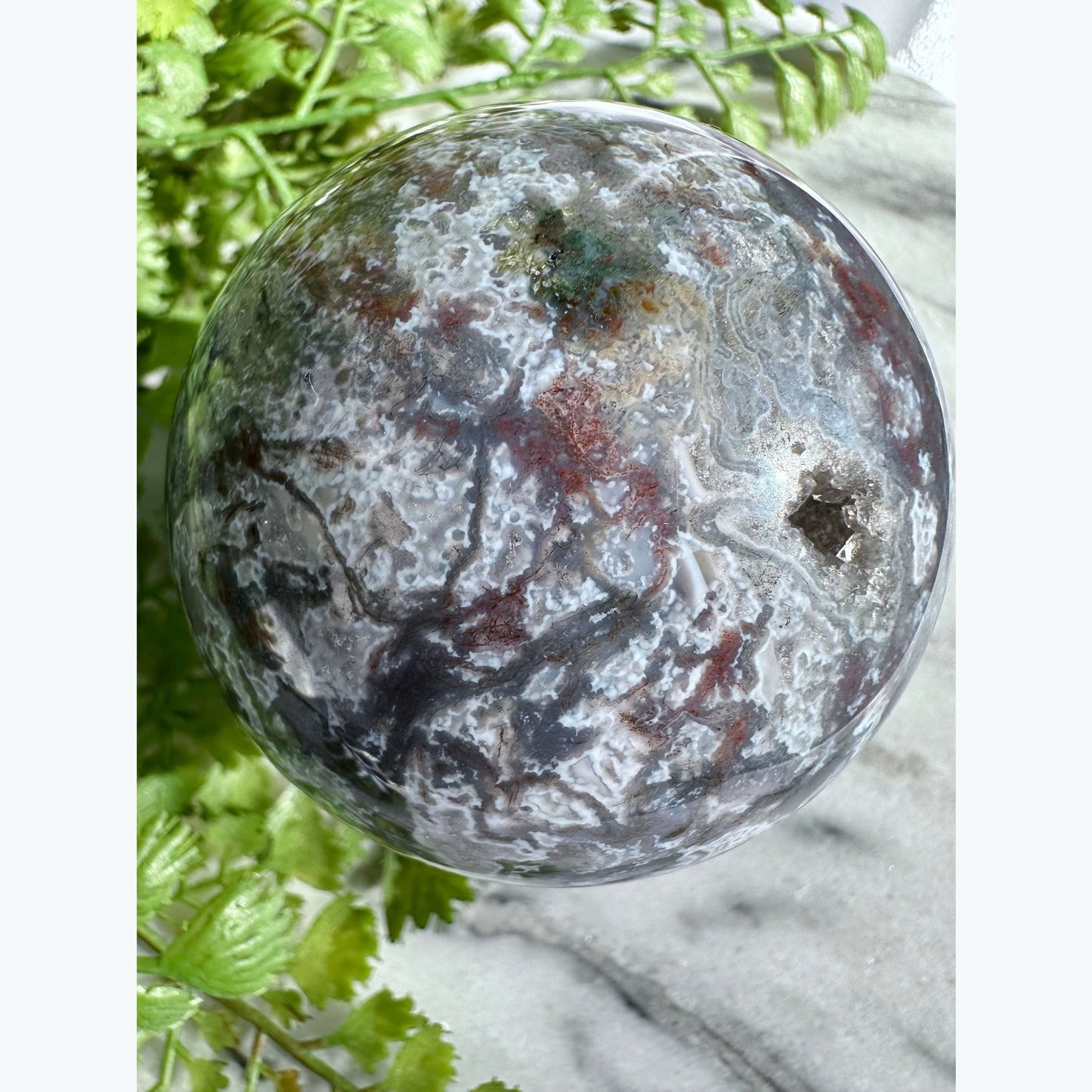 Moss Agate Sphere with Druzy Pockets